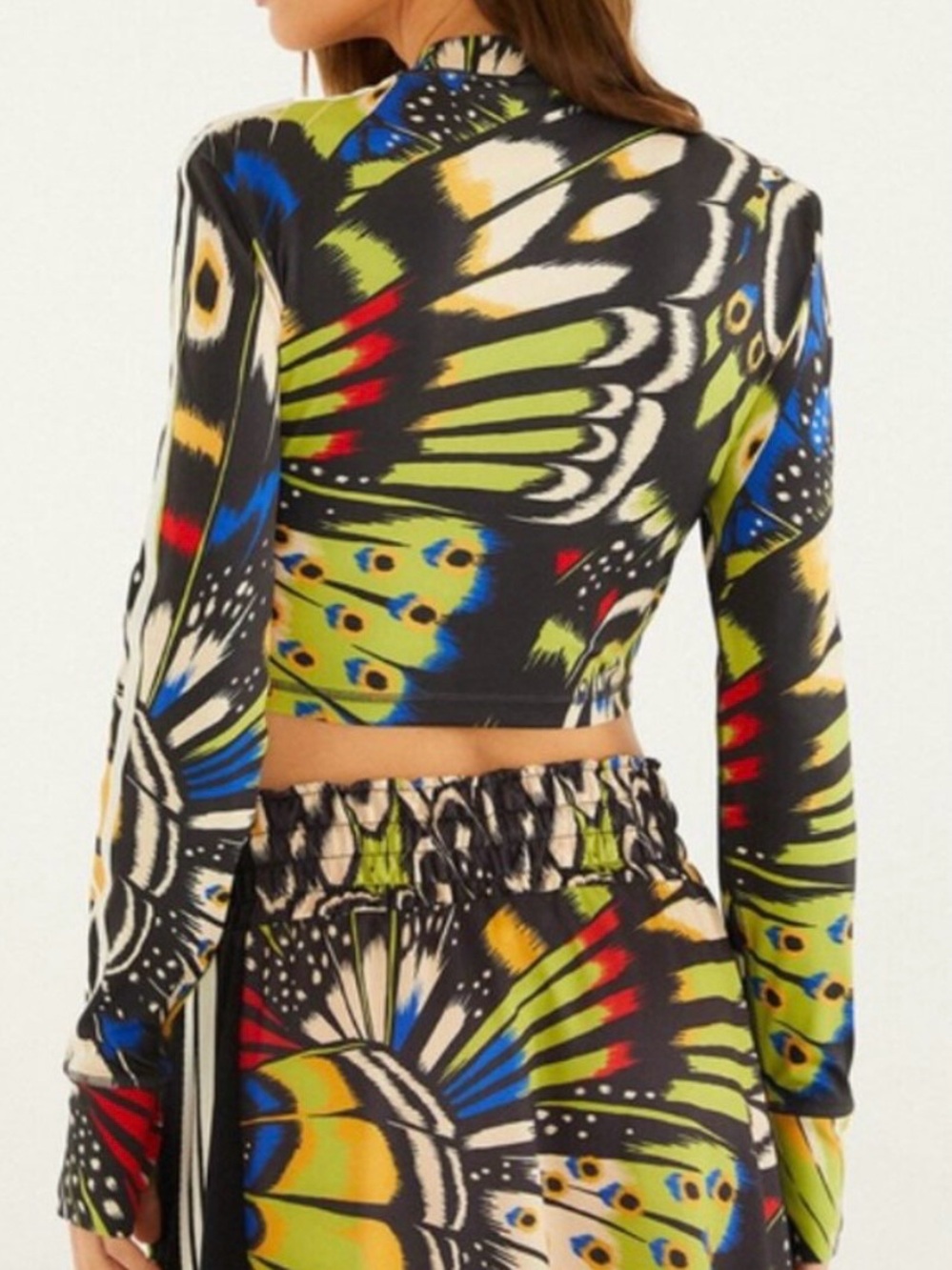 FARM Rio Multicolor Butterfly-Print Long Sleeve Crop Top with Thumb Holes